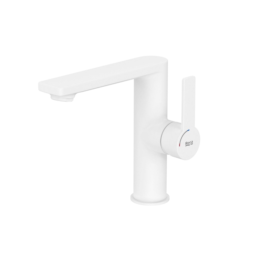 Cut out image of the Roca Targa Matt White Basin Mixer Tap with Side Handle - right side